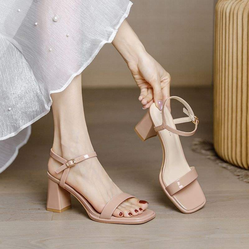 Nude Pink High-Heeled Shoes for Women with Thick Heels, Simple and Gentle Fairy Style with Skirt, Open Toe Square Toe Sandals for Women in Summer