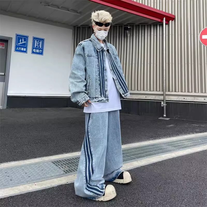 春秋韩系高街水洗牛仔外套男士三条杠氛围感造型师穿搭上衣夹克潮