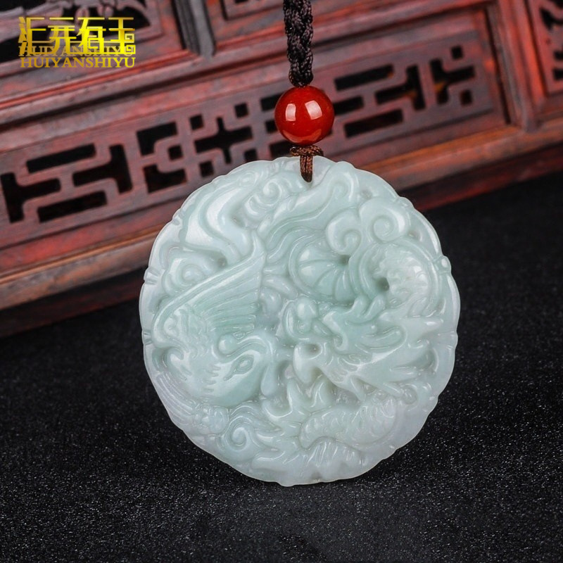 a货翡翠龙凤呈祥玉佩情侣吊坠缅甸玉石龙凤对翠玉金钱龙玉器挂件