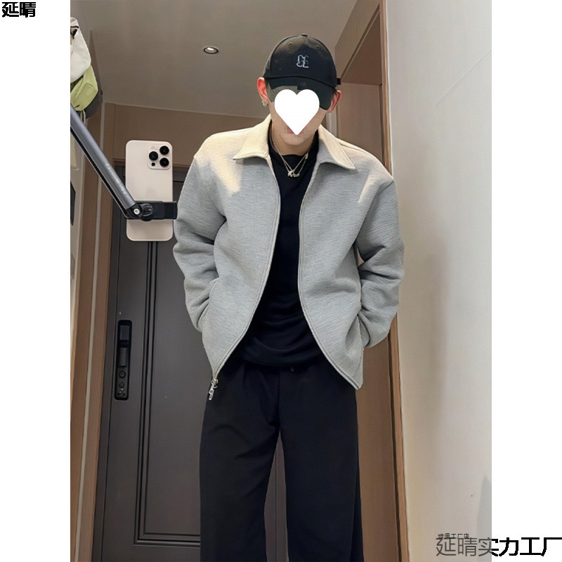 [Sequence 77] Cleanfit Gray Lapel Jacket Men's American Retro Double-Ended Zipper Right Shoulder Short Jacket