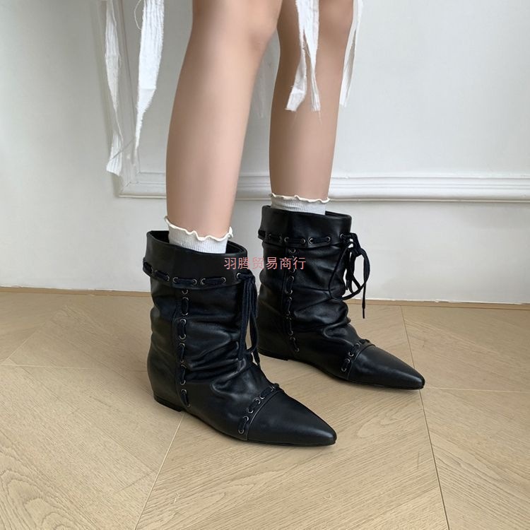 内增高马丁靴女2025新款秋季复古尖头堆堆靴厚底百搭小个子短靴男