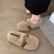水貂毛毛鞋女冬秋冬季懒人一脚蹬豆豆鞋女平加绒棉鞋卡其色