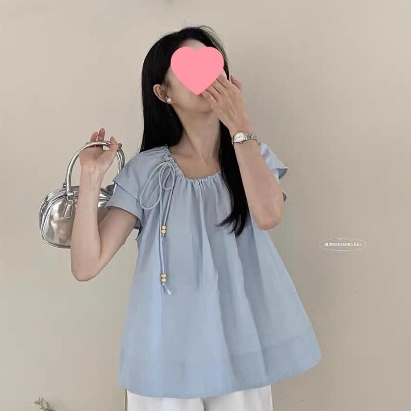 Korean Style Women's Short-Sleeved Top Summer Round Neck Loose Pullover Solid Color Blouse with Bow Decoration