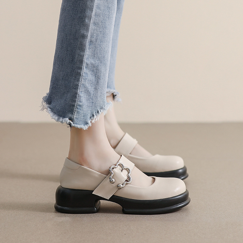 Thick-soled Mary Jane Shoes Women's 2023 New Spring French Low-top Single-layer Shoes Thick Heel Single-strap Japanese Large Size Women's Shoes