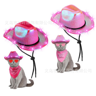 Halloween Party Pet Pink Fluorescent Colorful Cowboy Hat with Lights Kitten and Puppy Symphony Composite Laser Hat