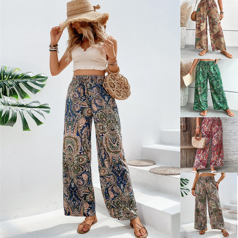 Amazon Tiktoktemu European and American Women's Clothing 2026 Summer New Fashion Versatile Printed Elastic Waist Wide-Leg Pants