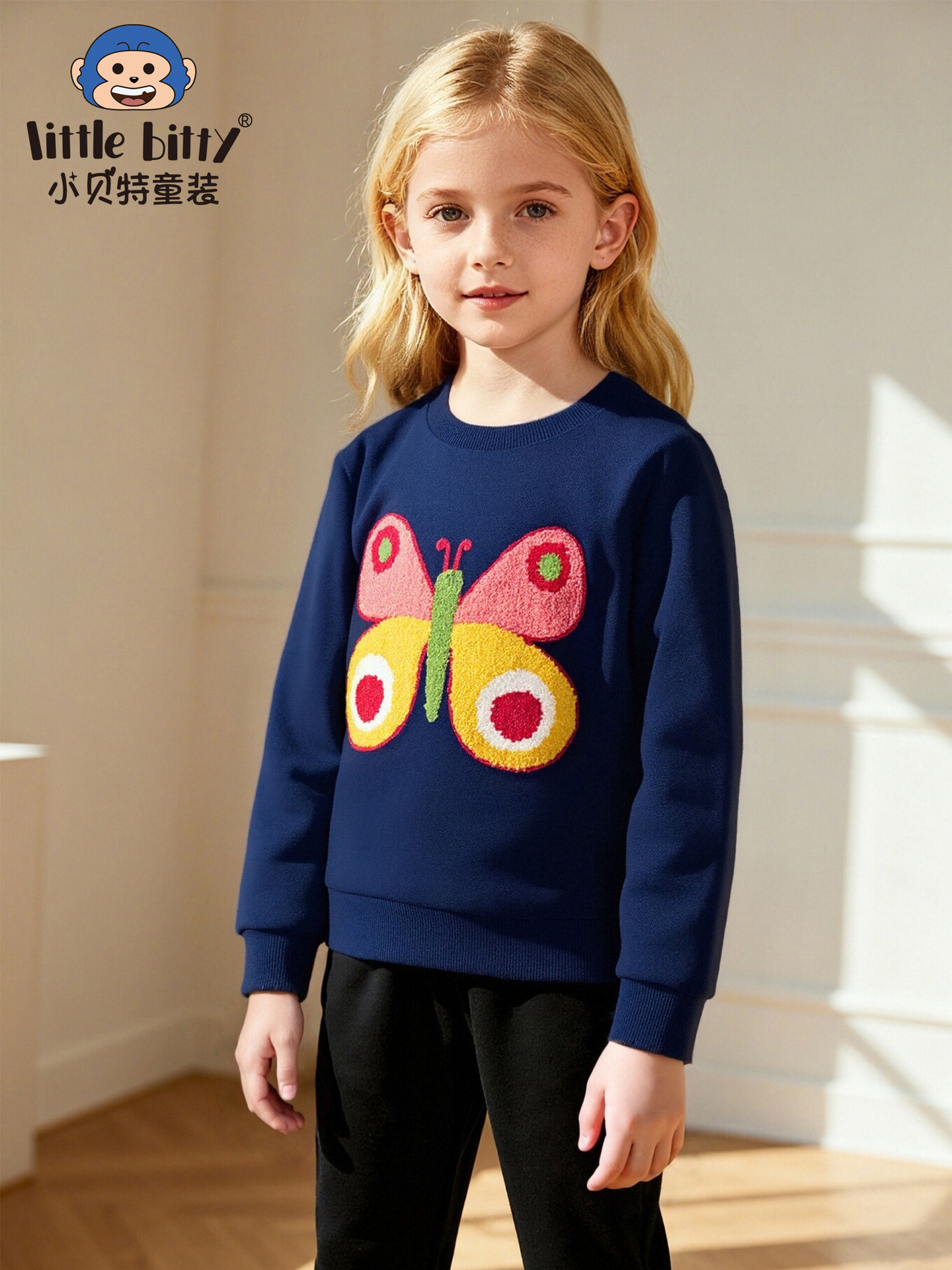 European and American 2025 Autumn and Winter Long-Sleeved Round Neck Sweatshirt Girls Clothing Cartoon Butterfly Towel Embroidered Pattern Ready Stock