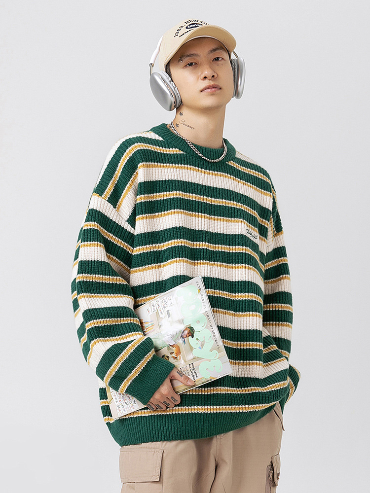 Suéter de punto grueso pesado a rayas para hombres 2024 otoño e invierno nueva pareja retro contraste color chaqueta de suéter de cuello redondo japonés