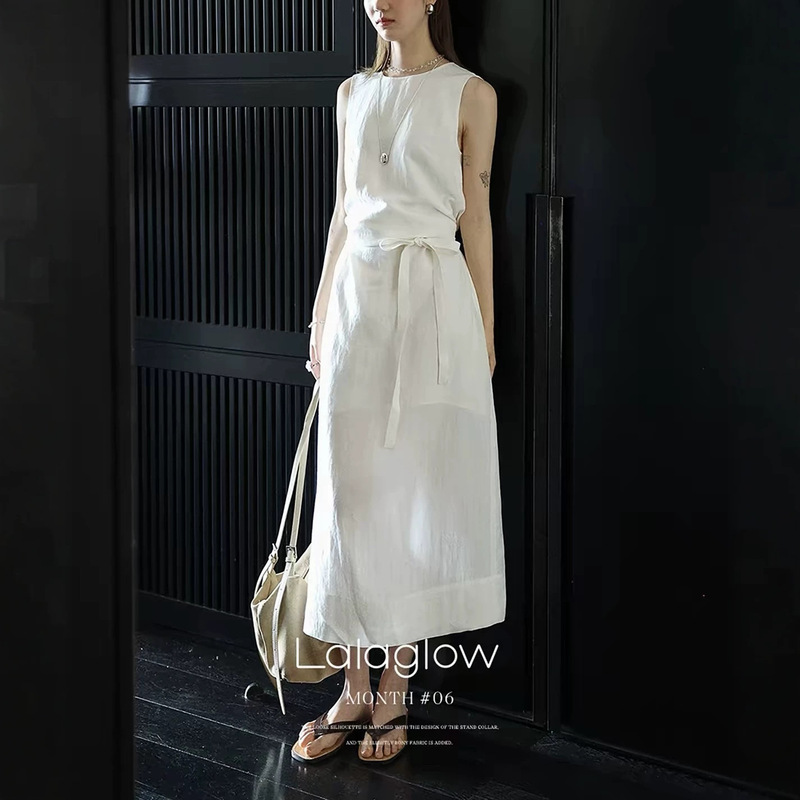 Tencel linen round-neck tie-waist slimming sleeveless tank dress elegant long dress for women summer