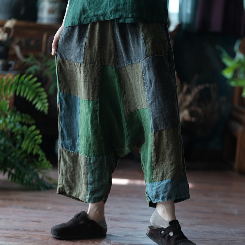 Vintage Cotton-Linen Patchwork Straight-Leg Drop-Crotch Pants, Artistic Casual Slouch Pants 2186 Green Patchwork