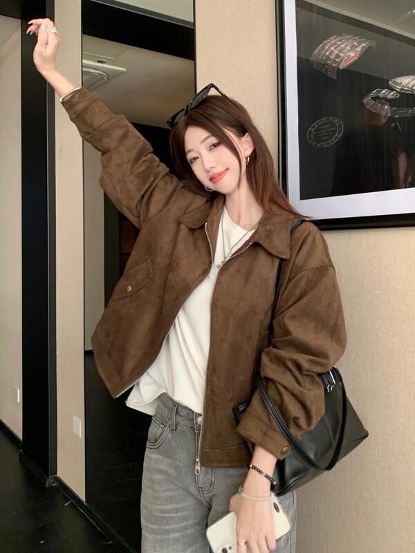 美拉德短款麂皮绒外套女春秋装美式复古慵懒chic又酷又飒皮衣夹克|undefined