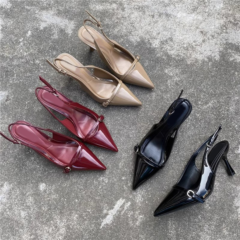 Za2026 Spring and Summer New Patent Leather Stiletto Heeled Closed-Toe Sandals, Retro Style Single-Strap Pointed Toe Backless Lace-Up Mules