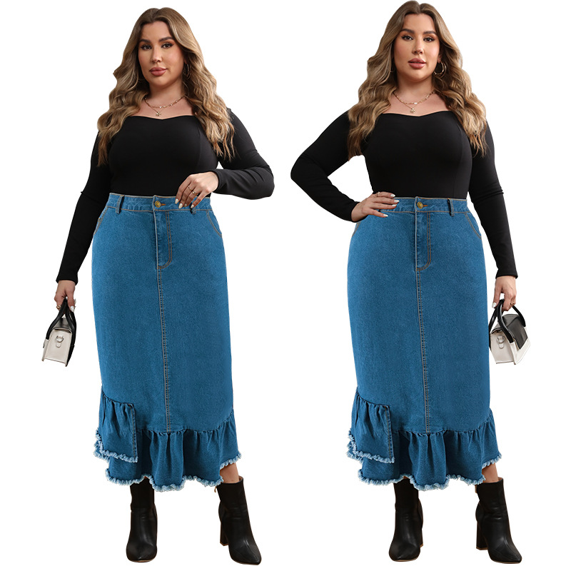 Dames plus size denim rok met kwastjes lang en elegante pasvorm_voghion.com