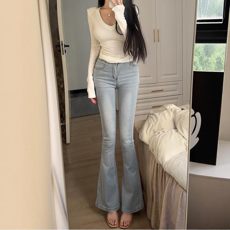 米白色丰胯微喇牛仔裤女2025秋季新款高腰弹力修身显瘦喇叭长裤|undefined