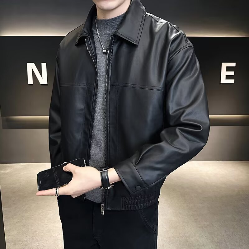 High Street Zipper Pu Leather Jacket Men's Spring and Autum New Loose Retro Pilot Motorcycle Jacket Lapel Leather Jacket