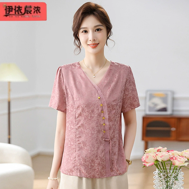 50-летняя мама летняя одежда высокого качества китайский топ с короткими рукавами 2024 летом новая средняя и пожилая женщина с V-образным вырезом без горячей рубашки