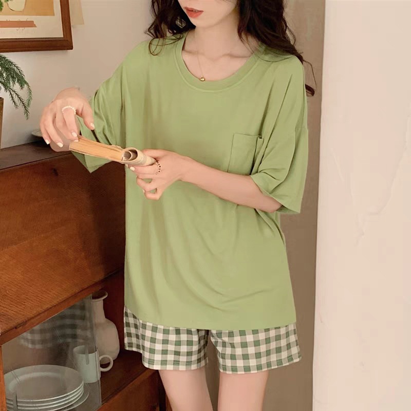 Milk silk 180 SMX thick double short green plaid pants