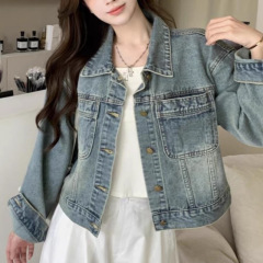 小个子休闲牛仔短款外套女2025春秋新款时尚翻领宽松显瘦夹克上衣