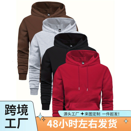 4 men's plain hooded sweatshirts with kangaroo pockets, casual long-sleeved hooded sports tops, suitable for outdoor activities.