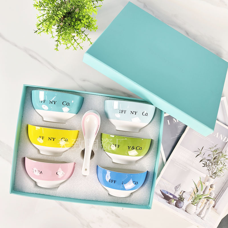 Household Ceramic Tableware Tijia Color English Bowl and Spoon Combination suit Simple Macaron Color Rice Bowl Tableware
