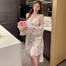 2023新款冰雪丝跨境睡衣女性感春夏蕾丝纯欲两件套带胸垫吊带睡袍