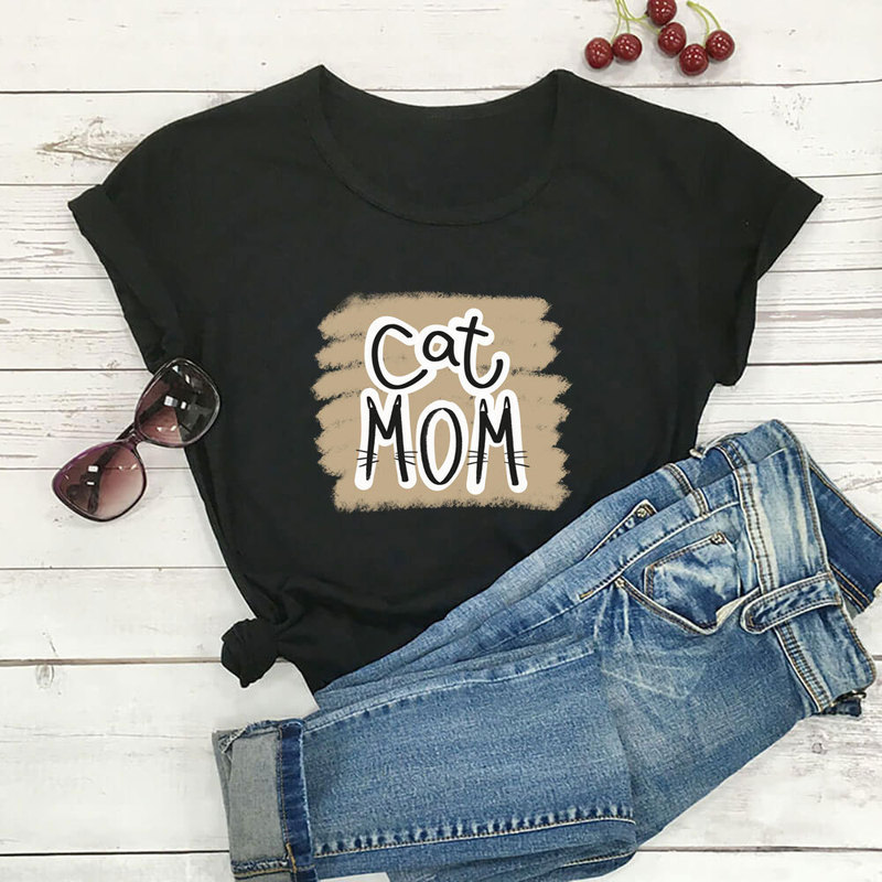New cross-border foreign trade short sleeve Mother's Day Cat Mom letter Cat Mom theme loose fashion T-shirt