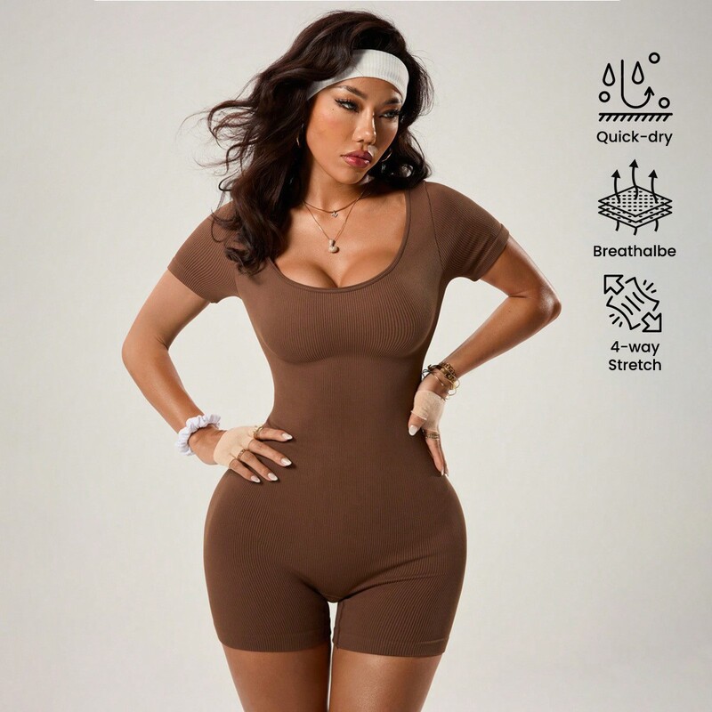 European and American Cross-Border One-Piece Yoga Outfit, Short-Sleeve Shapewear, Seamless Butt-Lifting and Tummy-Tucking Shapewear, Three-Quarter Yoga Pants