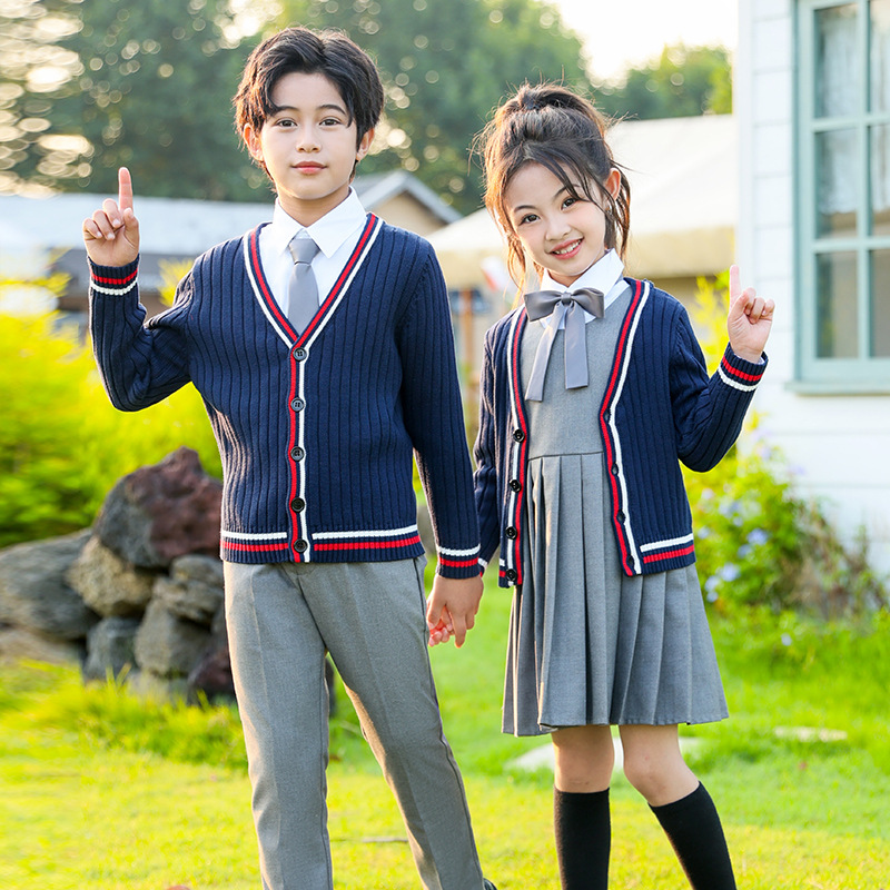 Uniformes de jardín de infantes de otoño y invierno estilo británico set de suéter de punto para niños y niñas uniformes escolares de primaria y media