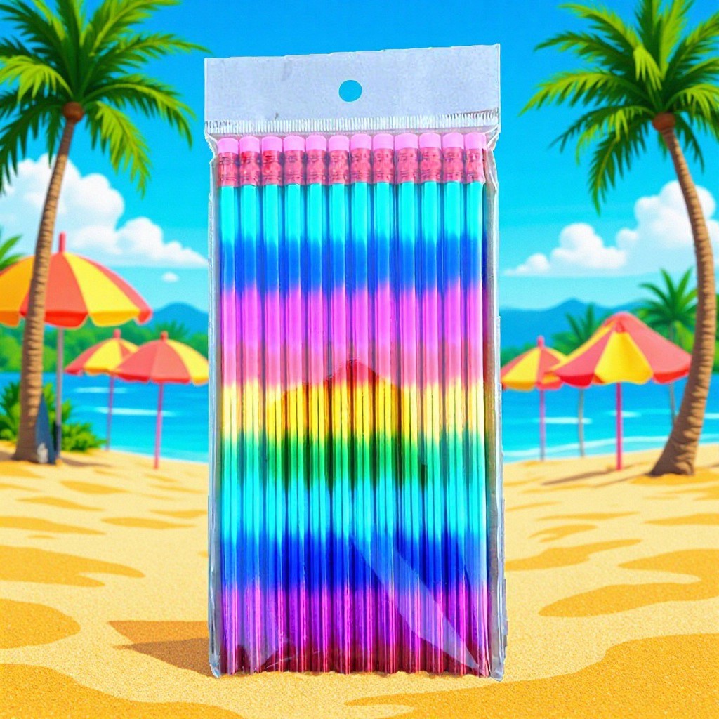 Cross-Border Direct Supply Rainbow Pencils Hb Round Barrel with Eraser, Colorful Film Colored Pencils, 12 Pieces, Wooden Pencils for Elementary School Students, Laser