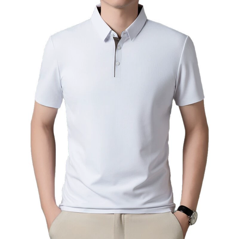 Мужская летняя деловая повседневная футболка из ледяного шелка для папы среднего и пожилого возраста, приятная для кожи, дышащая футболка с короткими рукавами и лацканами без железа