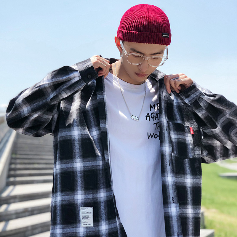 秋季男士格子长袖衬衫薄款宽松加肥加大码衬衣韩版潮流跨境外套胖