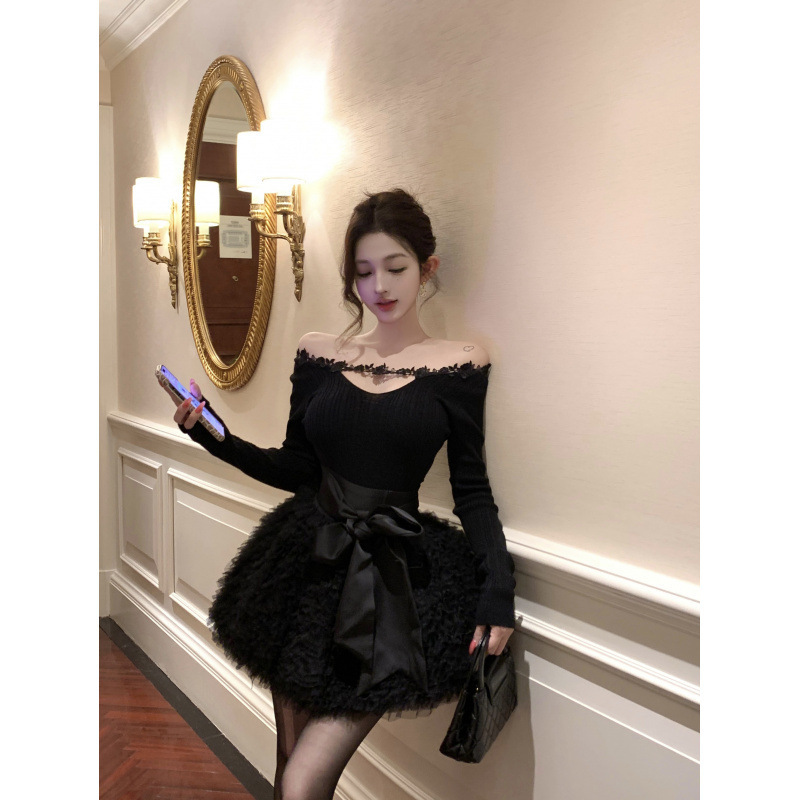 Yikeda One-Shoulder Knit Sweater Top for Women 2025 Winter New Black Base Layer Sweater
