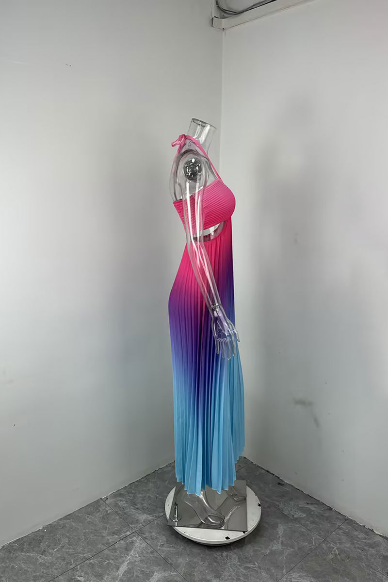 Women's Elegant Hollow Out Halter Neck Dress Spring 2026 Sexy Gradient Color Long Casual American Style Summer Clothing_ecoleips.com