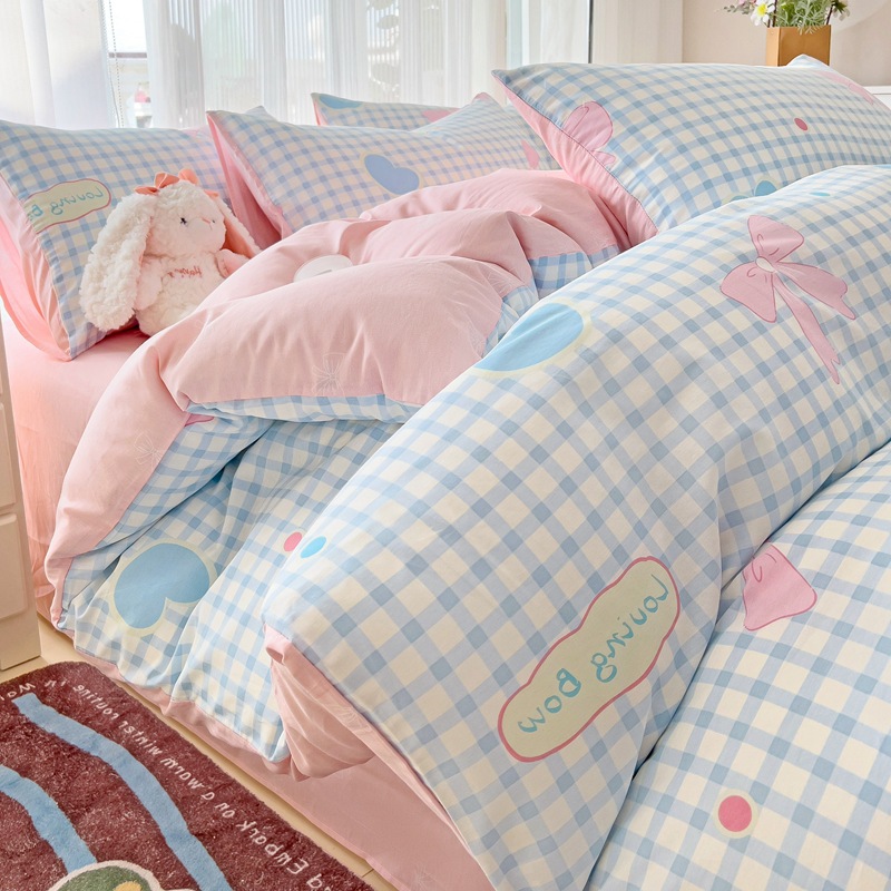 Personalizado en fábrica, sábanas de algodón de algodón de clase A, juego de cuatro piezas, cama de dormitorio de estudiantes floral, juego de tres piezas, funda de edredón, sábana