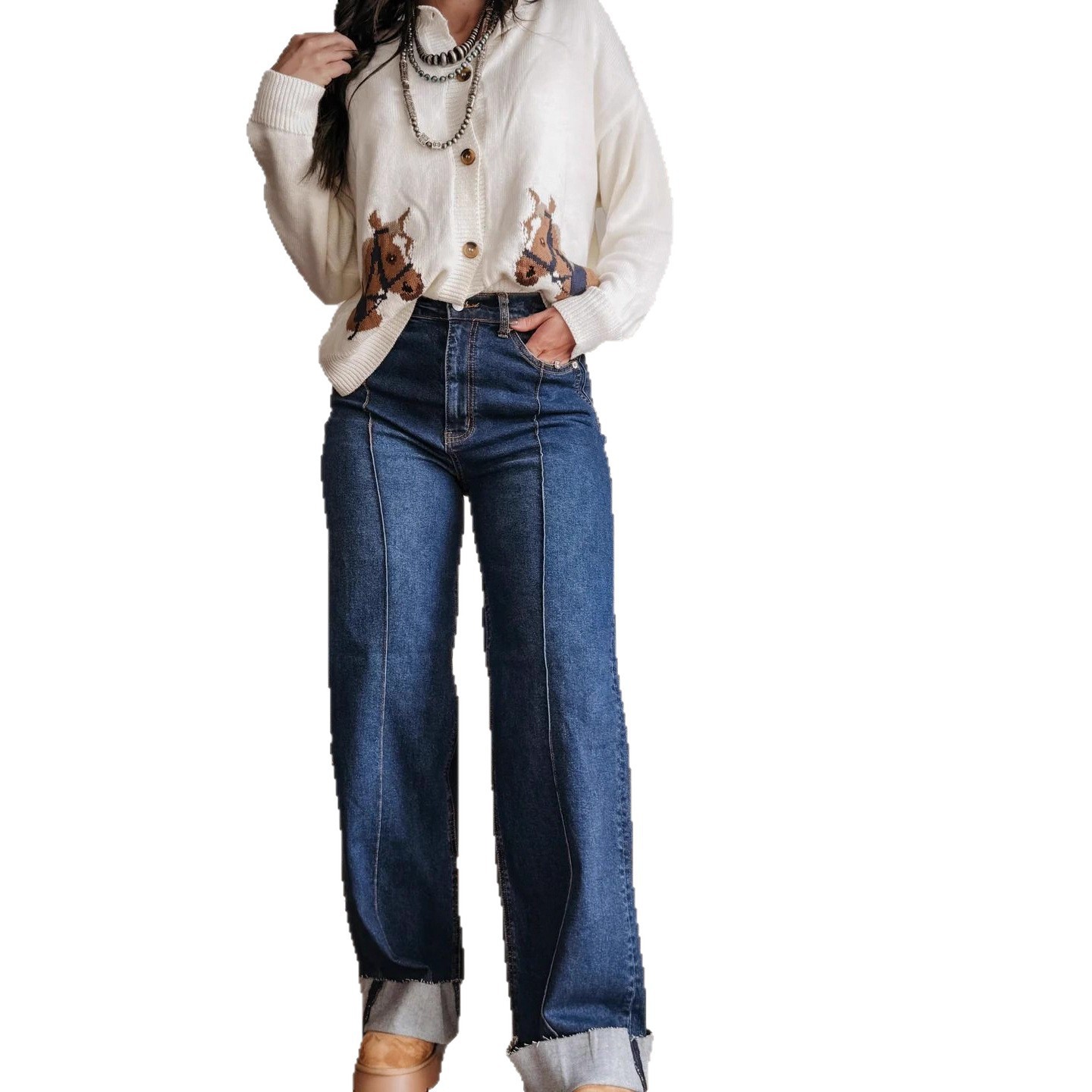Jeans de Tiro Alto y Pierna Ancha para Mujer de Mezclilla de Algodón y Poliéster, Diseño Retro, Microelástico