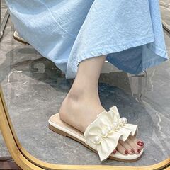 大碼女鞋35-43涼拖鞋女夏時尚外穿41仙女風甜美珍珠平底一字拖42