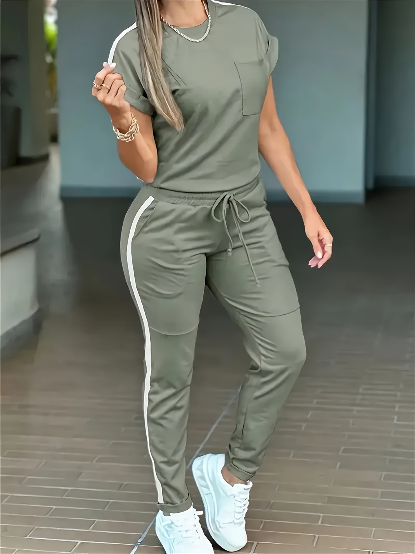 Damen Freizeit-set Kurzarm T-shirt Und Hose Mit Taschen_voghion.com
