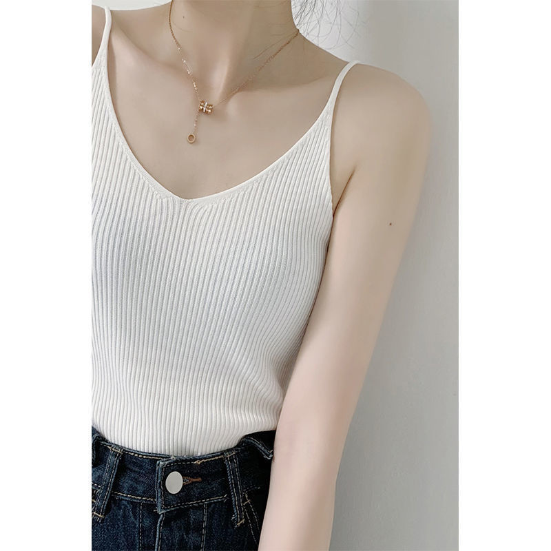 French Style Ice Silk Knitted V-Neck Small Sling Suit Inner Base Spring and Autumn Internet Popular Vest Women's Outer Wear Fashionable Summer Thin