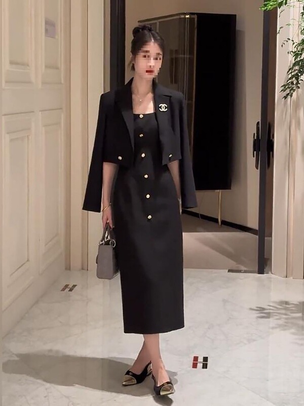法式气质小香风套装女秋季2025新款短款外套背心连衣裙两件套|undefined