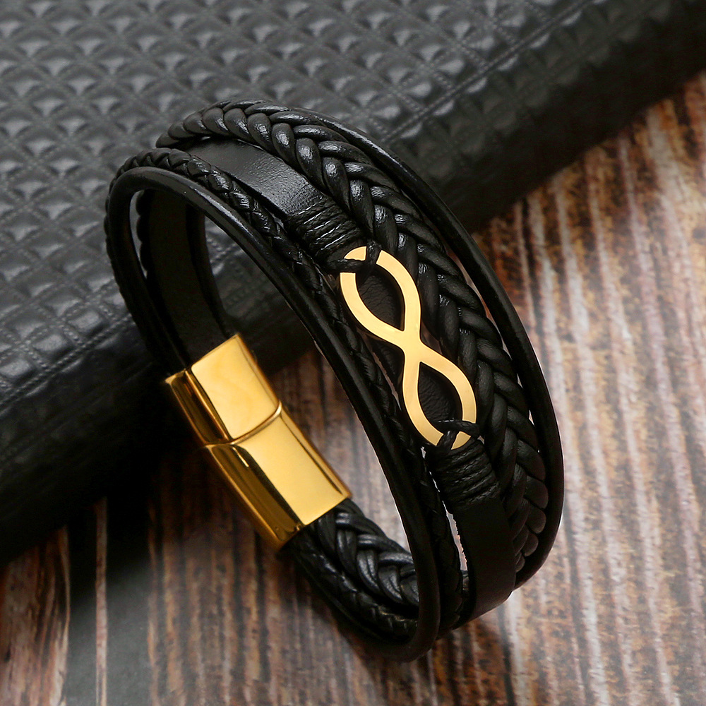 Retro Number Leather Titanium Steel Braid Men's Bangle display picture 5