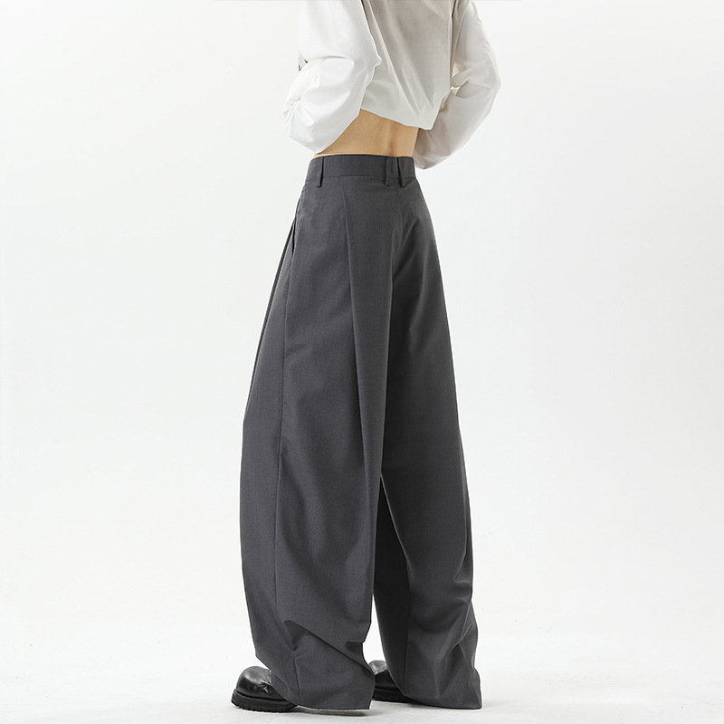 Pantaloni da uomo neri a pieghe, primavera autunno, drappeggiati, a gamba larga, casual, di tendenza, stile americano, a gamba dritta._voghion.com