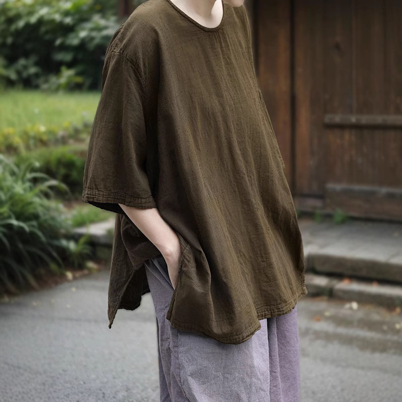 Shan Qiannian Yi Design Spring and Summer Natural Comfortable Casuality Art T-shirt Sand Wash Old Split Design Sense Top