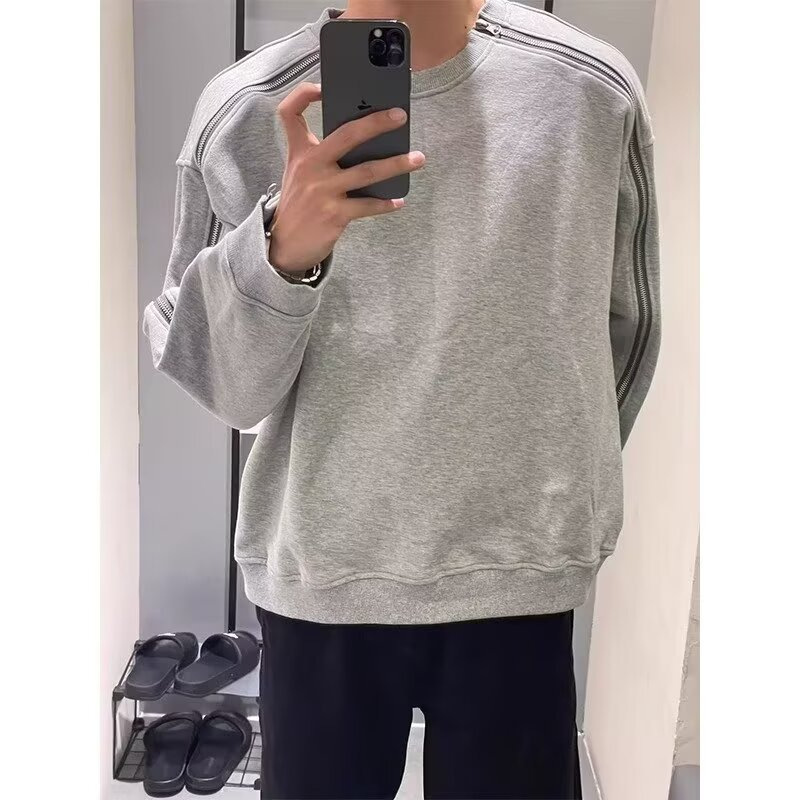 American Trendy Brand Zipper Design Round Neck Sweatshirt Sports Trendy Men's Spring, Autumn and Winter Versatile Casual Pullover Hooded Top