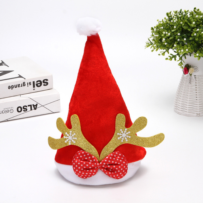 Sombrero de Navidad para niños transfronterizos compuesto de terciopelo de oro + un solo lado arco de polilla tela de polvo dispersa nieve gorra de Navidad de cuerno de ciervo