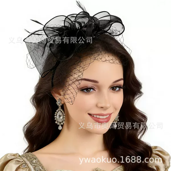 Cross-Border European and American Bridal Mesh Feather Headpiece Hair Accessory Hairpin Vintage Veil Mesh Fascinator for Women