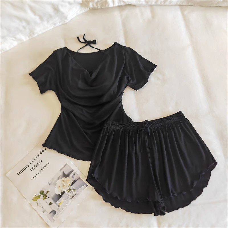 33027.2#Yujie 퓨어 블랙 (고정 가슴 패드 포함) 반팔 + 반바지