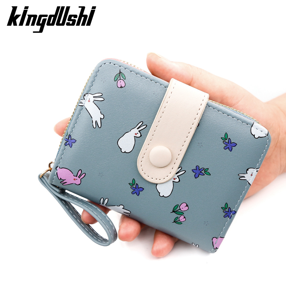 Cute conejo impresión billetera de mujer corta tarjeta de órgano hebilla bolso de cambio bolso de identificación con cremallera bolso de mano