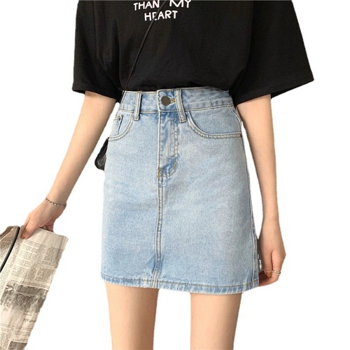 Short skirt for women in summer Korean style slimming casual skirt large size fat MM versatile hip-covering A-line high-waisted denim skirt for women