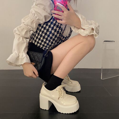 Platform shoes, thick-soled trendy girl shoes with chunky heels, anime-inspired JK uniform style shoes, unique design, Instagram-style fashion.