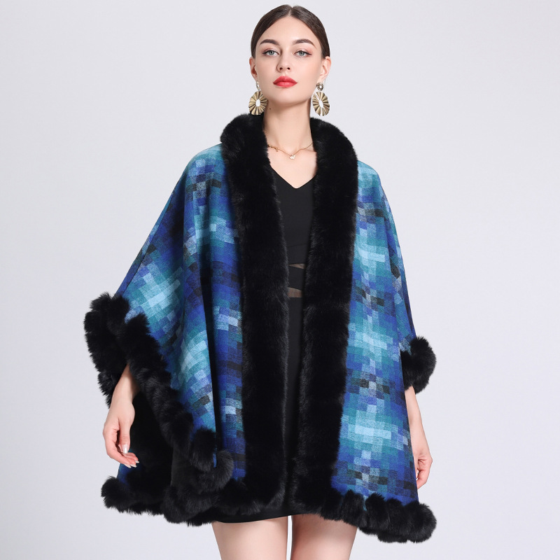 Fleece thickened plaid collar cape cape loose large size knitted cardigan coat for women_voghion.com